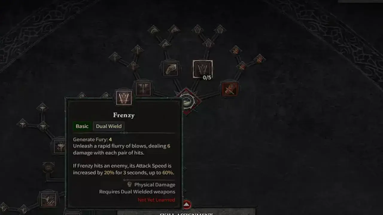 Drzewko umiejętności Diablo 4: Barbarzyńca z aktywną umiejętnością "Frenzy" (Szał) w trybie "Dual Wield" (dwuręczny). Idealny build dla graczy lubiących szybkie ataki.