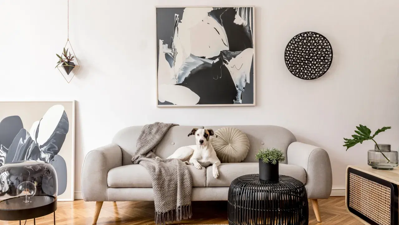 A dog lounges on a sofa, inspiring ideas on how to choose art for your home. Abstract art adorns the wall.
