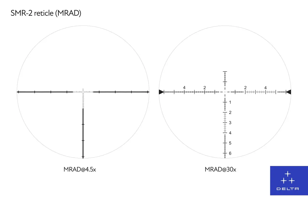 Siatka balistyczna SMR-2 MRAD w dwóch powiększeniach: 4.5x i 30x. Po lewej siatka przy 4.5x, po prawej przy 30x z podziałką.