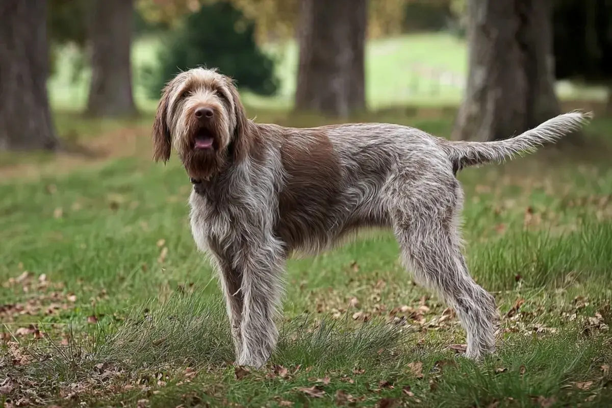 Pies rasy spinone italiano, jeden z włoskich ras psów, z charakterystyczną szorstką sierścią, stoi na trawie wśród drzew.