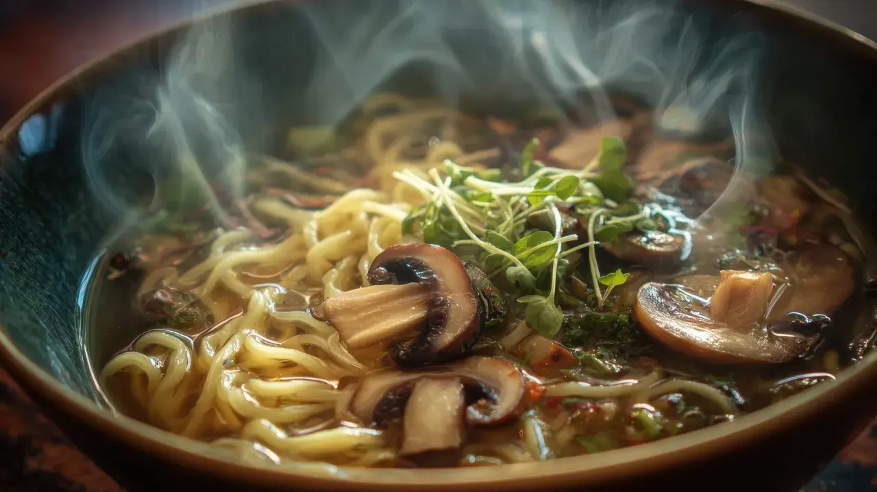 Gorąca zupa ramen z grzybami i kiełkami, parująca i kusząca. To właśnie smak umami, który sprawia, że chce się więcej.
