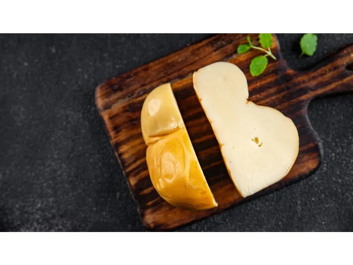 Scamorza affumicata su tagliere di legno, perfetta per una mamma in gravidanza che cerca un sapore autentico e sicuro.