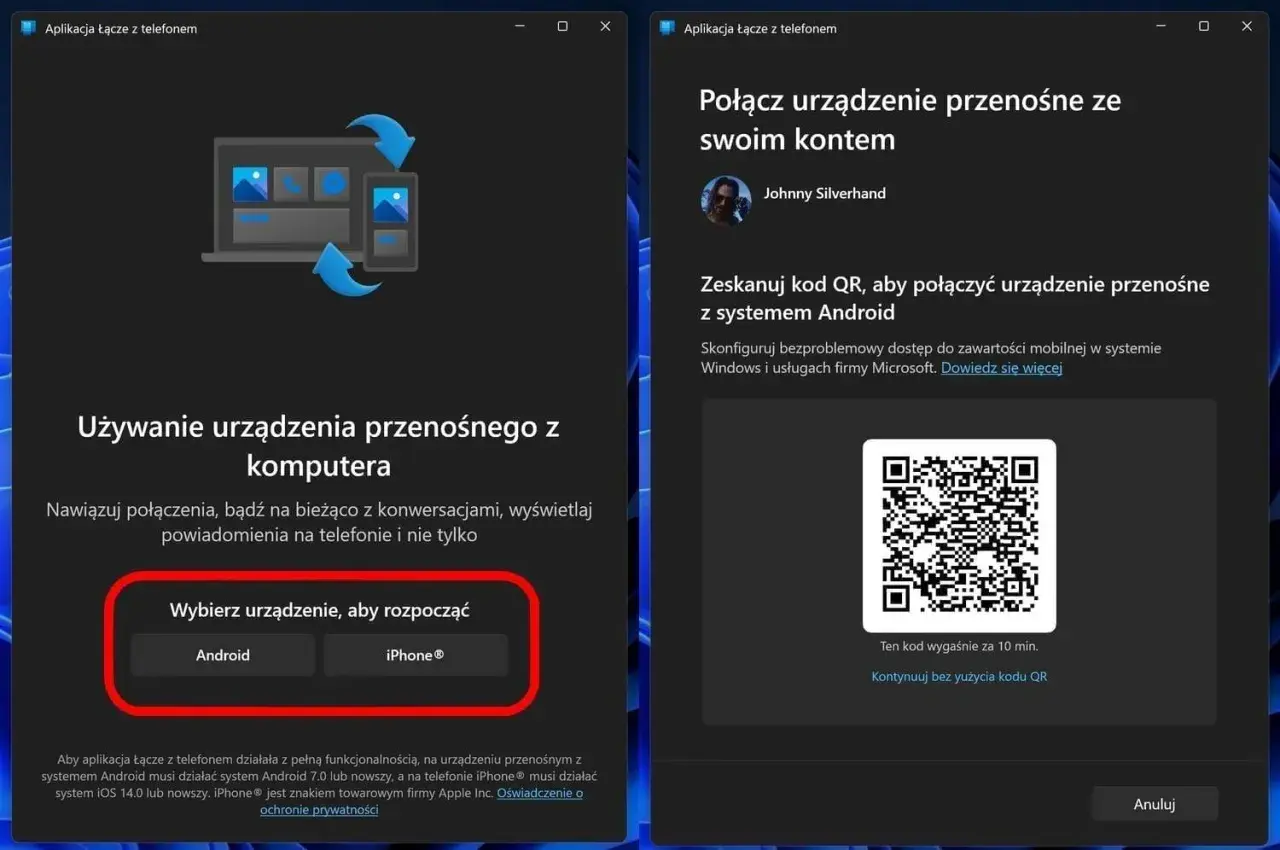 Ekran aplikacji "Łącze z telefonem" pokazuje, jak podłączyć hotspot do komputera. Wybierz Android lub iPhone, by rozpocząć.