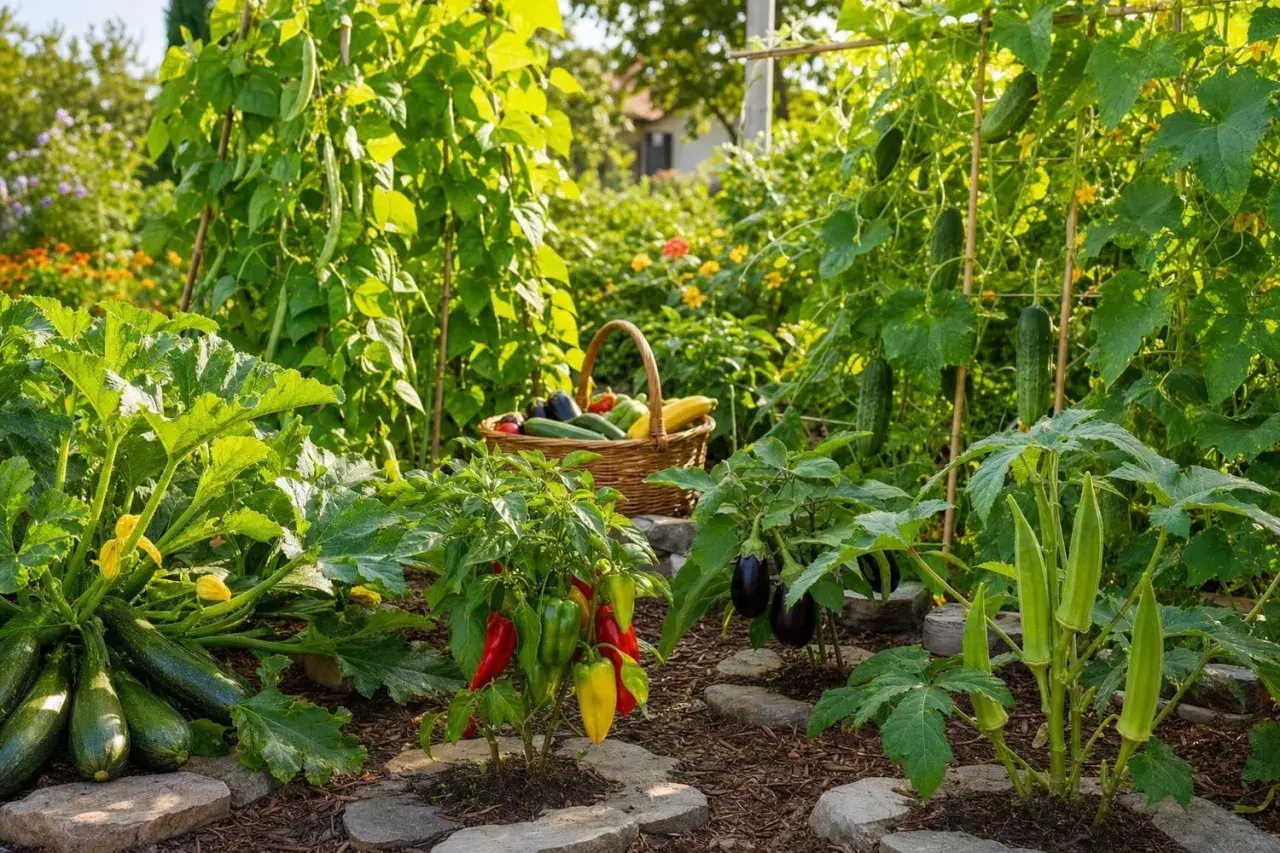Un potager luxuriant avec courgettes, poivrons, aubergines et concombres. Idéal pour savoir quoi planter en juillet et profiter d'une récolte abondante.