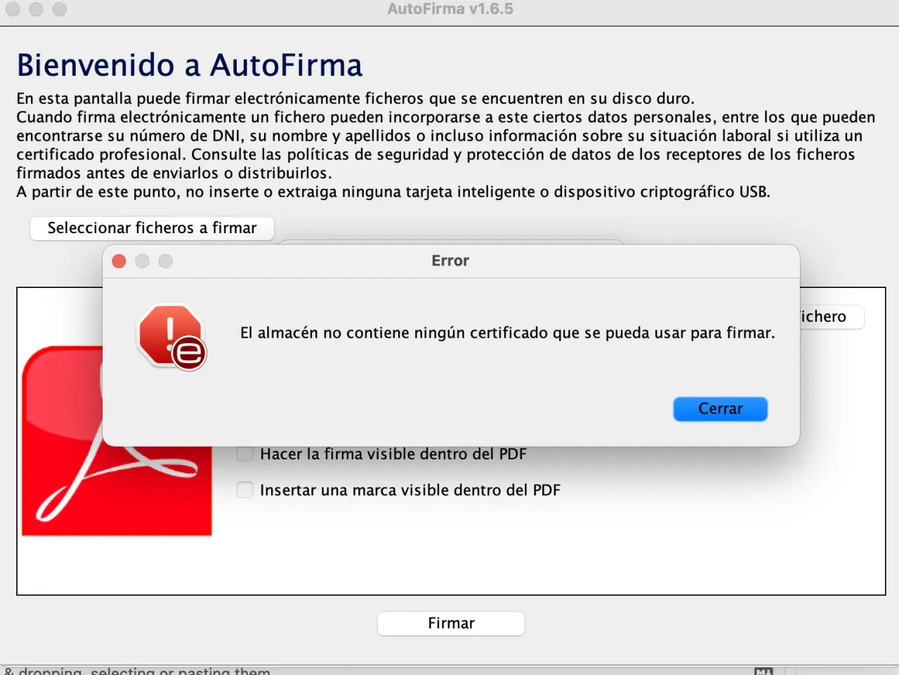 Error en AutoFirma: El almacén no contiene certificados para firmar.