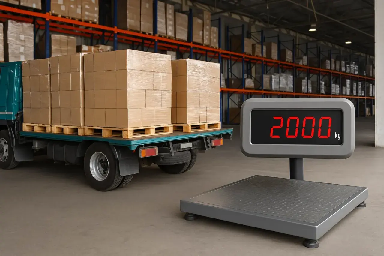 Ciężarówka z paletami towaru czeka na ważenie. Waga pokazuje 2000 kg, czyli około 4400 funtów.