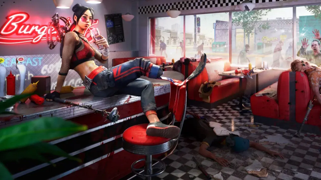 Dziewczyna z koktajlem w ręku i bronią w dinerze, gdzie trwa apokalipsa zombie. Czas gry w Dead Island 2.