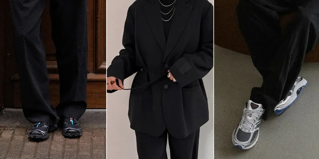 Schwarzer Anzug mit Sneakern – ein lässiger Look für jeden Tag.