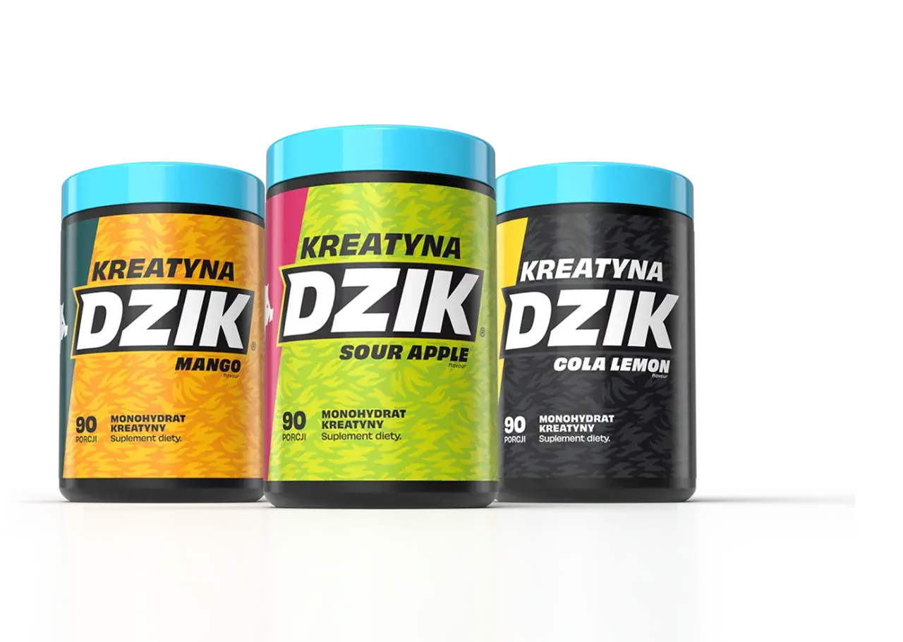Trzy opakowania kreatyny "Dzik" o smakach mango, kwaśnego jabłka i cola lemon – idealne suplementy na siłownię.