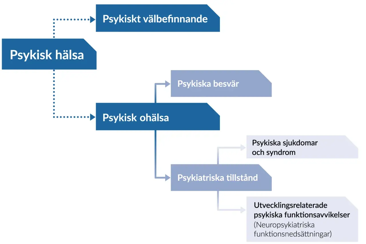 Diagram som visar sambandet mellan psykisk hälsa, psykiskt välbefinnande och psykisk ohälsa, inklusive psykiska besvär, sjukdomar och tillstånd.