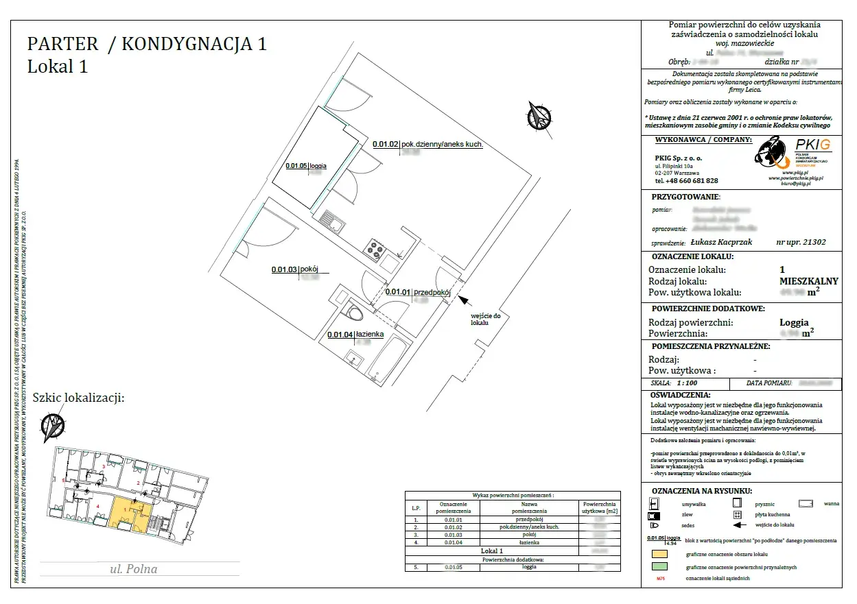 Plan lokalu mieszkalnego z danymi do zaświadczenia o samodzielności lokalu. Widoczny układ pomieszczeń: przedpokój, pokój, łazienka, aneks kuchenny i loggia.