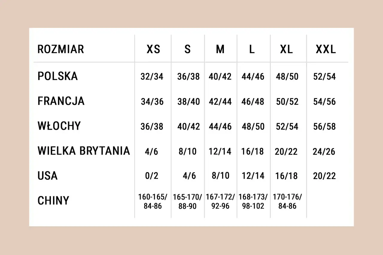 Tabela rozmiarów: rozmiar 48 to polskie 48/50, francuskie 46/48, włoskie 48/50, brytyjskie 16/18, USA 12/14, chińskie 168-173/98-102.