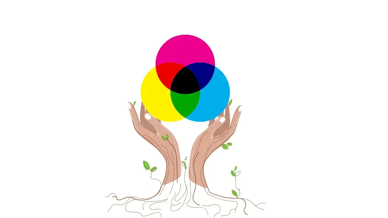 Dłonie jak drzewo podtrzymują koło barw. Symbolizuje to jedność i harmonię, jak w zespole muzycznym Rainbow.