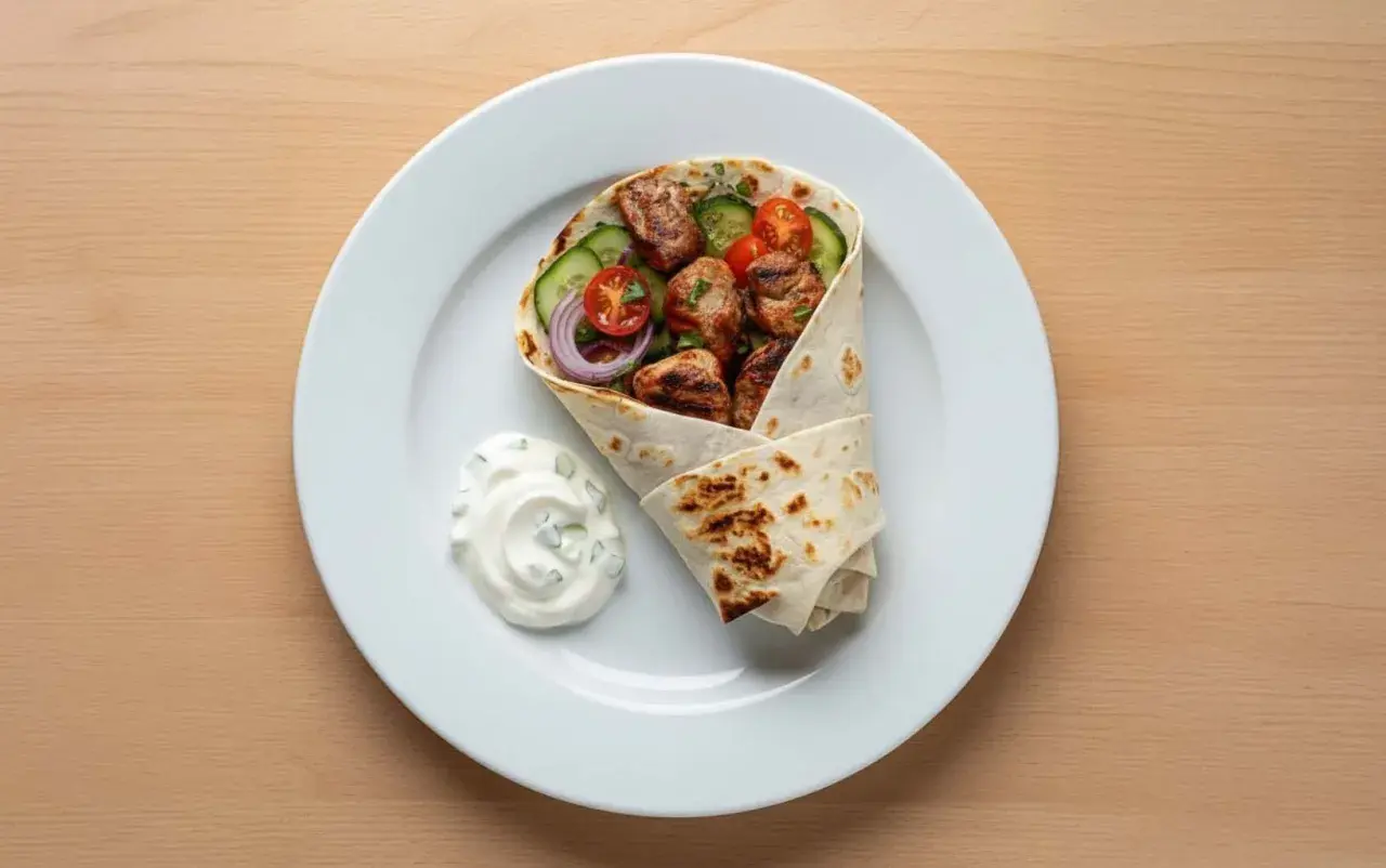 Kebab w tortilli z warzywami i sosem na białym talerzu.