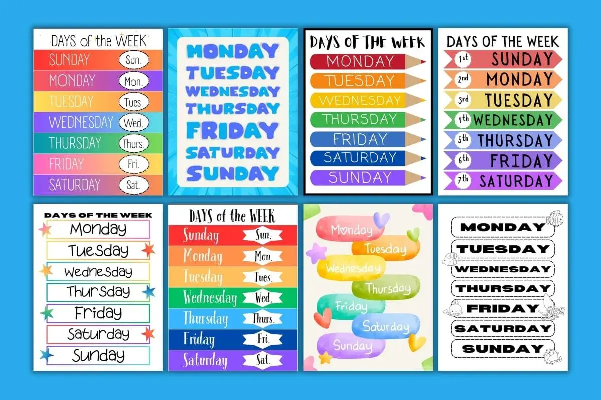 Vari schemi colorati per imparare i giorni della settimana in inglese da stampare, perfetti per bambini.