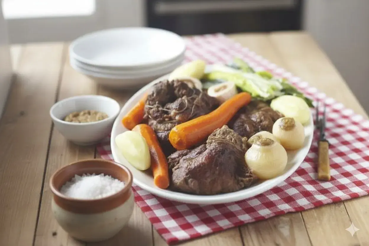 Un plat généreux de pot-au-feu, avec viande, carottes, navets et poireaux, servi avec moutarde et gros sel. Un délice réconfortant, parfait avec un verre de vin blanc.