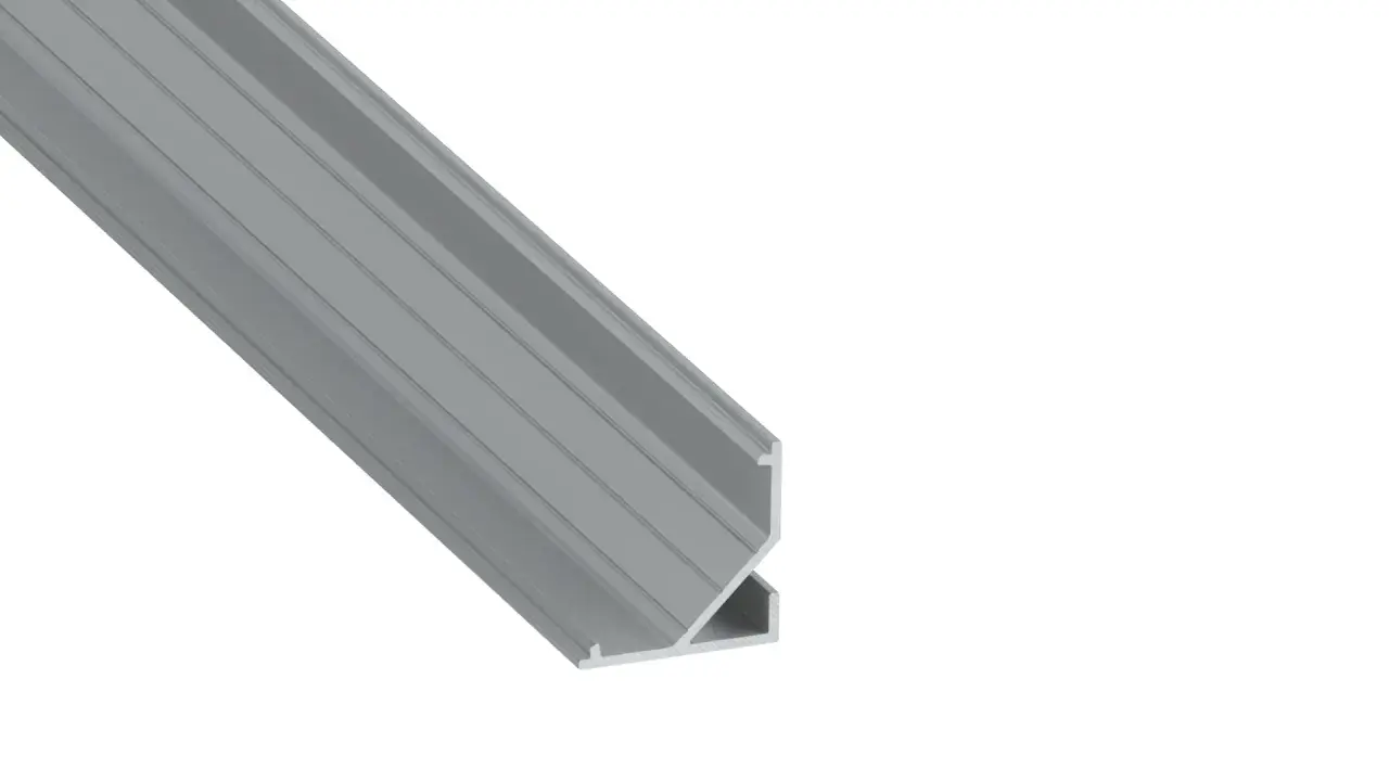 Szary profil aluminiowy do LED, z rowkami, idealny do montażu oświetlenia.