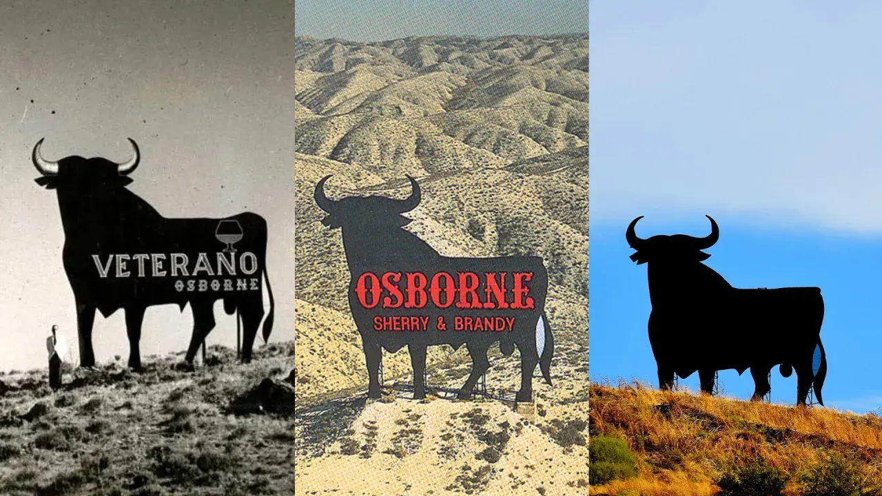 Siluetas de toros antiguos de Osborne, icónicos símbolos españoles, en diferentes paisajes.