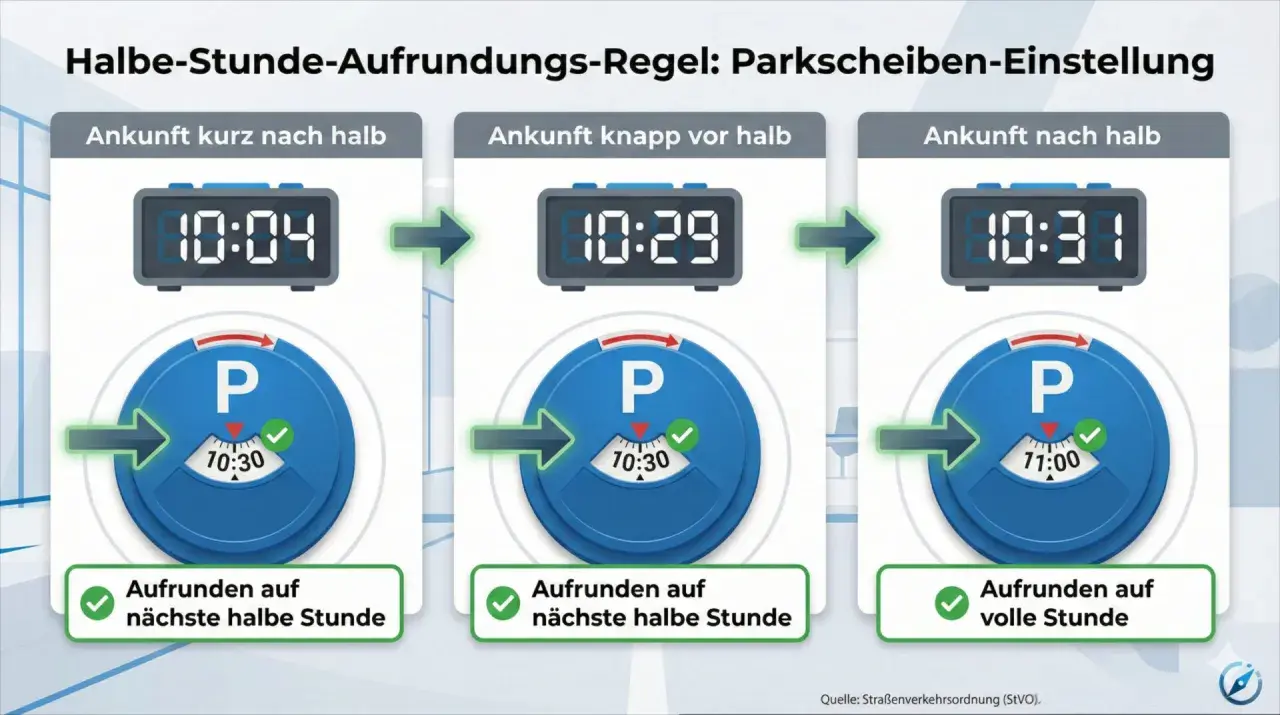Anleitung zur Parkscheiben-Einstellung: Ankunft 10:04 wird auf 10:30 aufgerundet, 10:29 auf 10:30, 10:31 auf 11:00.