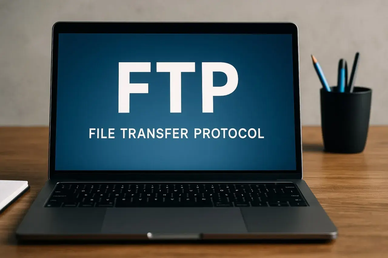 Laptop muestra "FTP FILE TRANSFER PROTOCOL". Entiende qué es FTP para transferir archivos.