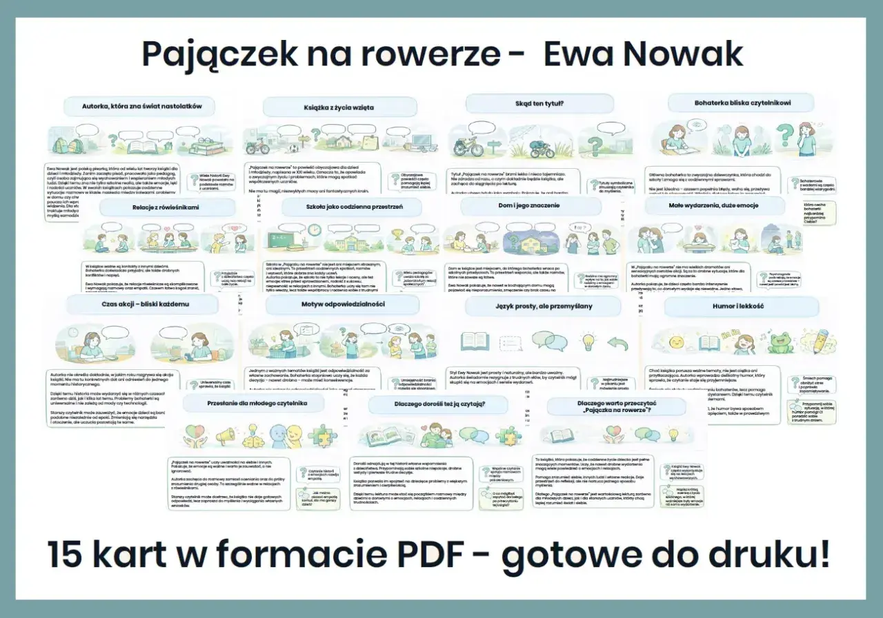 Pajączek na rowerze – streszczenie. Ewa Nowak stworzyła książkę bliską czytelnikowi, z prostym językiem i humorem.