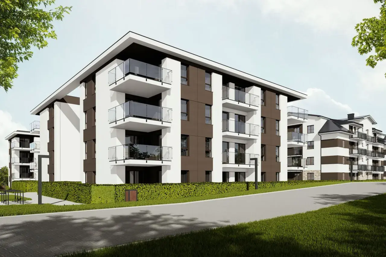 Nowoczesne apartamentowce z balkonami, otoczone zielenią. Wyobraź sobie, że mieszkasz w tej spokojnej, koncertowej dolinie.