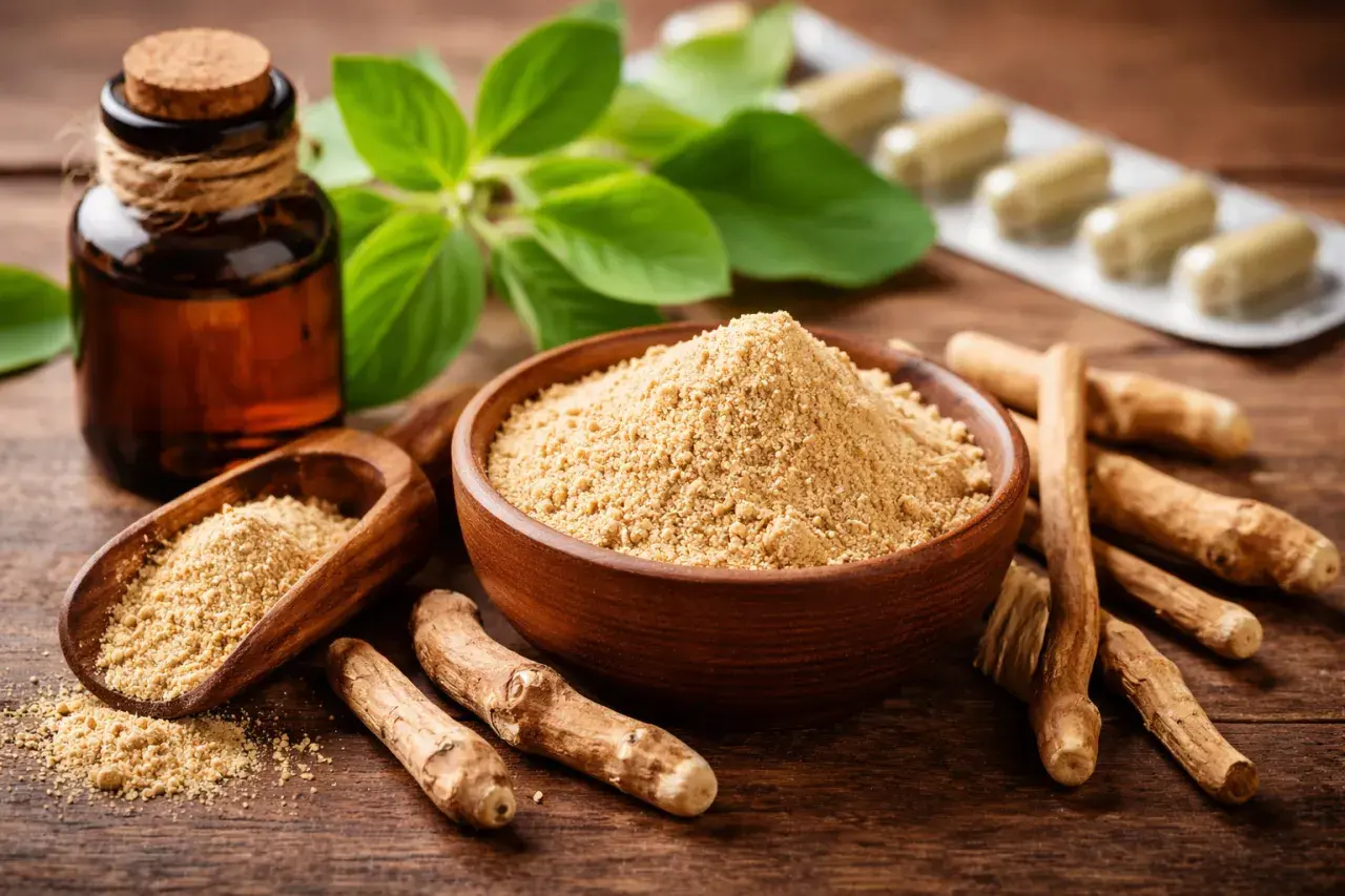 Radici, polvere e olio di ashwagandha, con foglie verdi e capsule in blister, su un tavolo di legno.