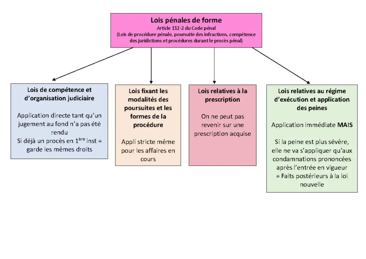 Schéma des lois pénales de forme, abordant le type de vol et ses conséquences juridiques.