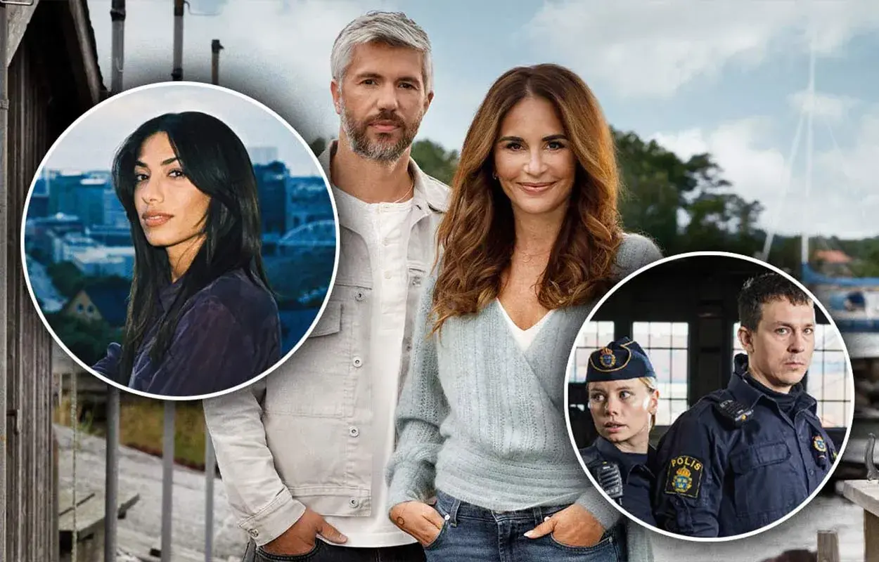 En kvinna med mörkt hår i en cirkel, ett par i mitten och två poliser i en cirkel. Reklam för svenska drama serier.