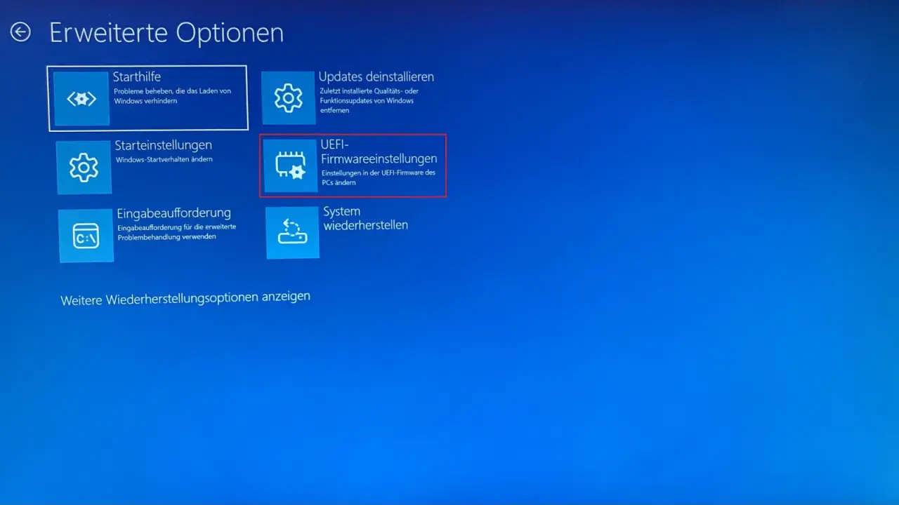 Erweiterte Optionen: UEFI-Firmwareeinstellungen ändern, um den sicheren Start von Windows 11 zu konfigurieren.