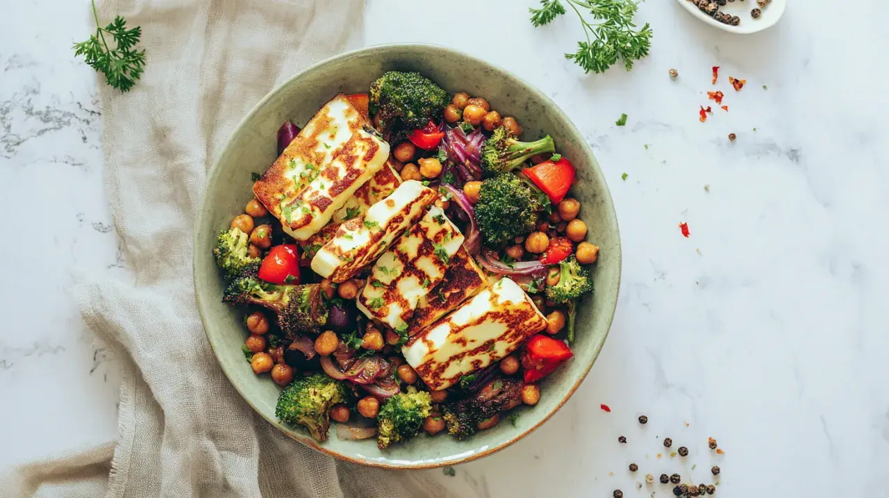 Miseczka pełna pyszności: pieczona ciecierzyca, chrupiący brokuł, papryka i grillowany ser halloumi.