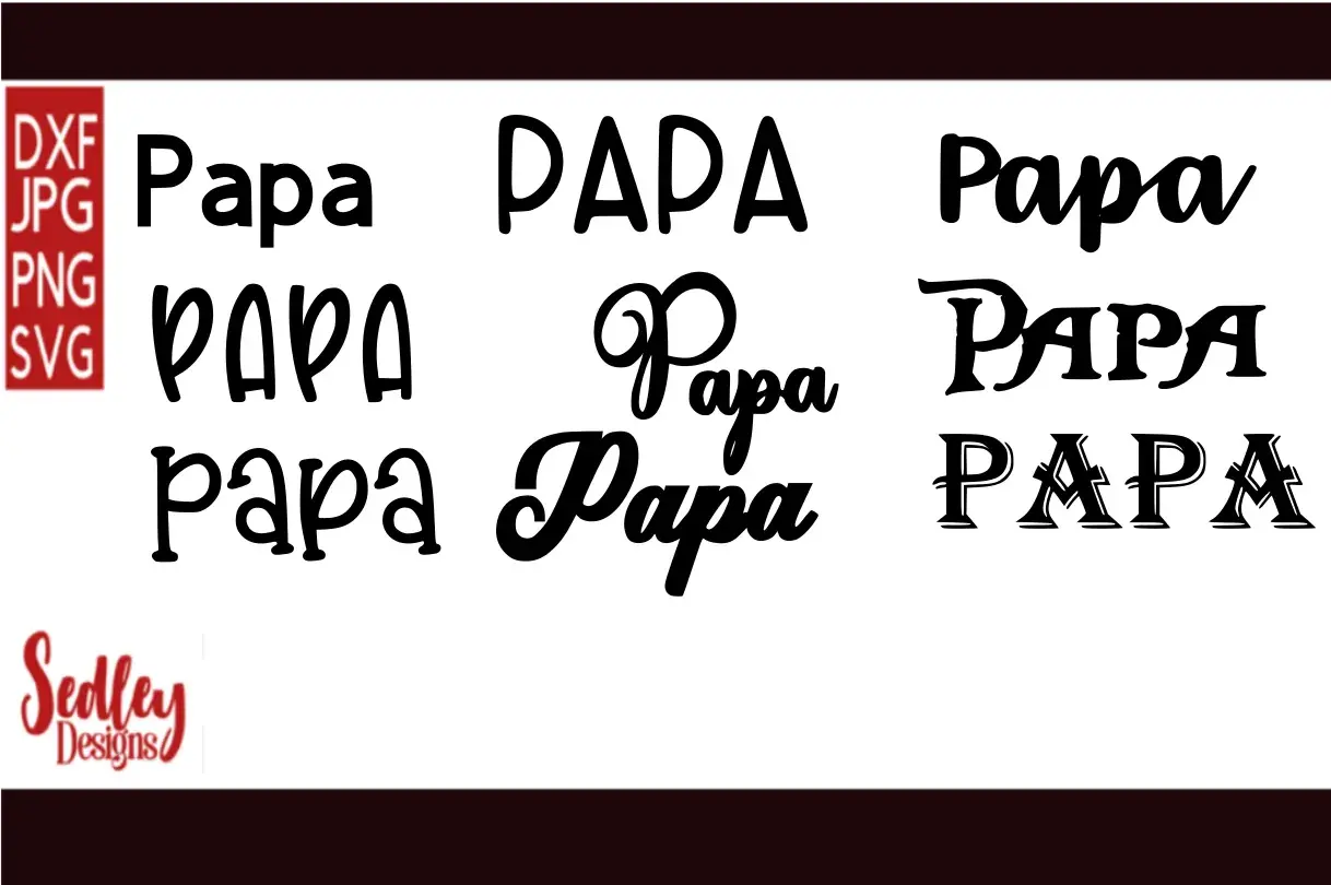 Varias opciones de letras para "papá" en diferentes estilos, ideales para diseños del día del padre.