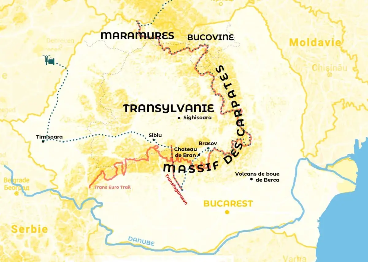 Carte de la Roumanie montrant les Carpates, la Transylvanie, Maramures, Bucovine, et des villes comme Bucarest. Idéal pour visiter la Roumanie.