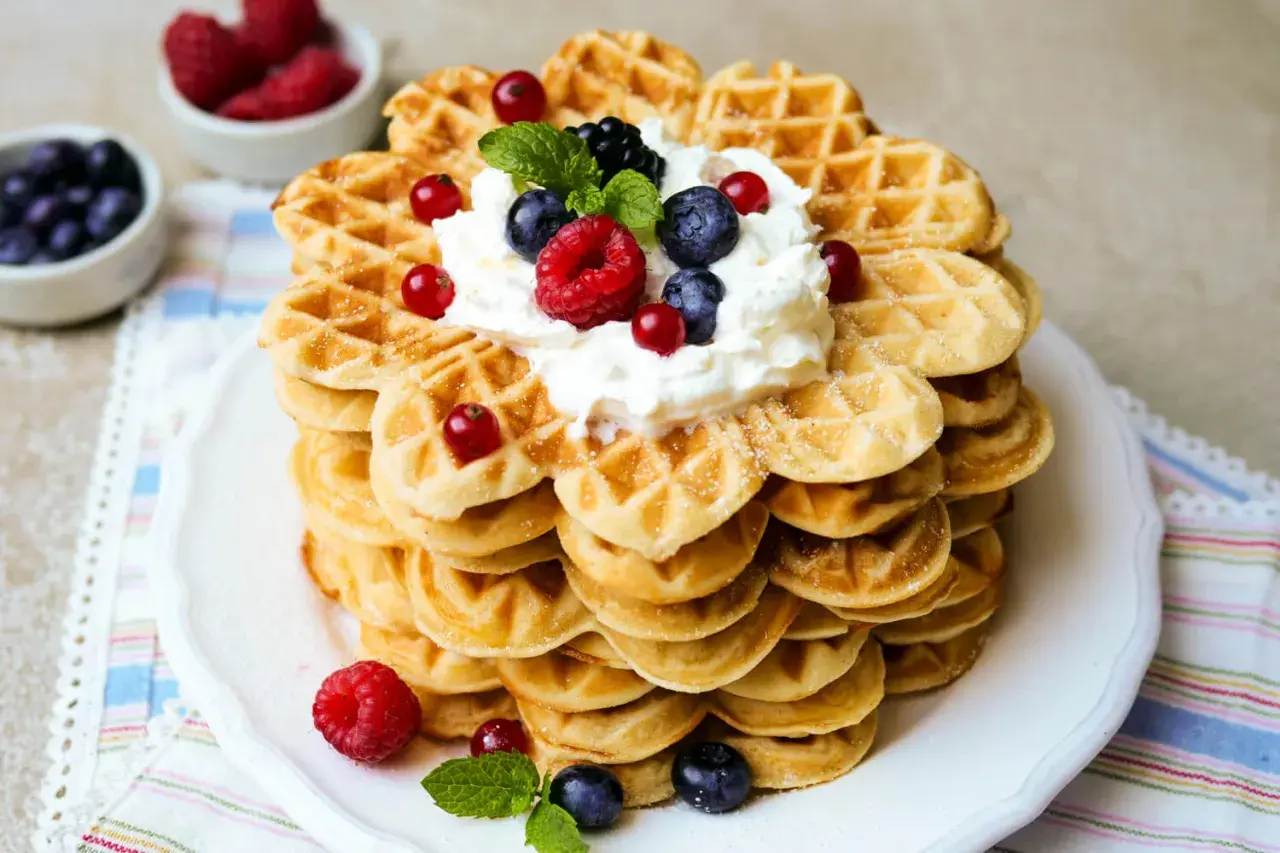 Ein Turm aus herzförmigen Waffeln, gekrönt mit Sahne und Beeren. Dieses waffelteig rezept ist ein Traum!