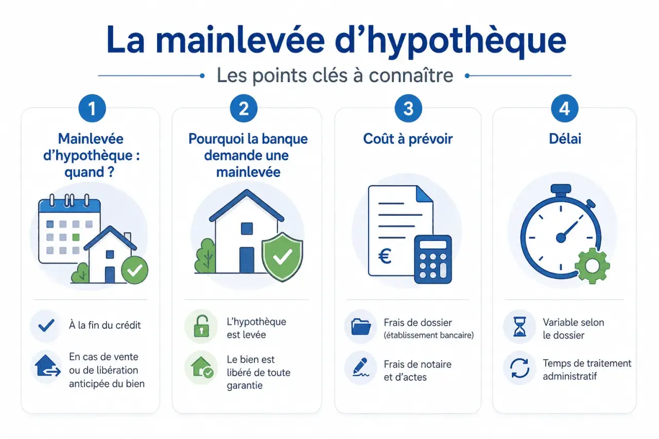 Infographie expliquant la mainlevée d'hypothèque : quand elle intervient, pourquoi la banque la demande, son coût et le délai.