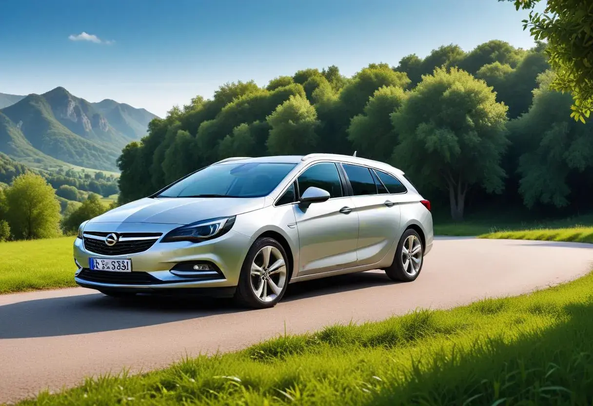 Silver Opel Astra Sports Tourer på en landsväg, omgiven av gröna kullar och träd. Kanske ett problem med bilen?