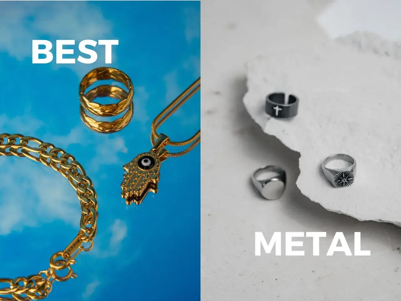 Oro y plata: anillos, pulsera y colgante. La fabricacion de joyas de alta calidad.