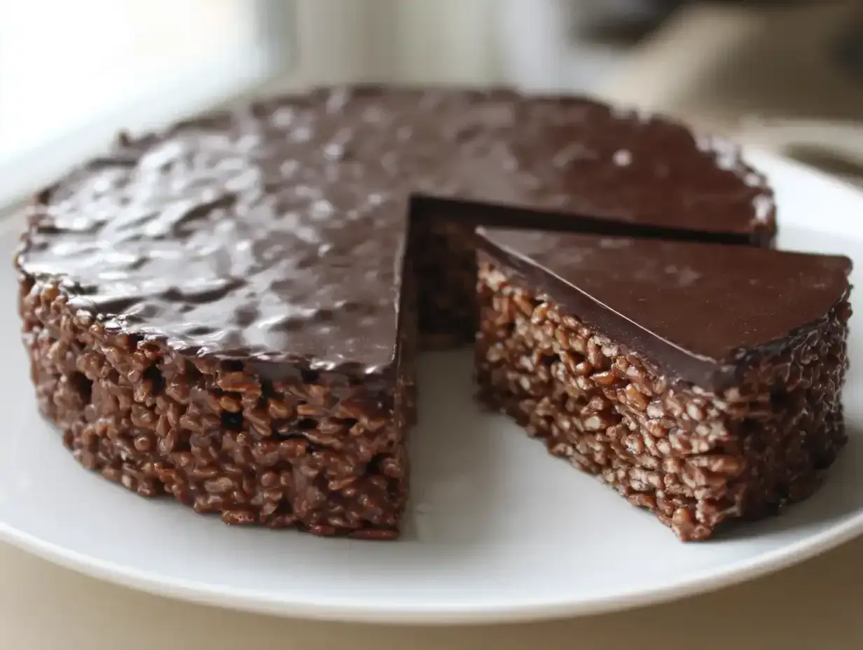 En härlig chokladtårta med krispiga rispuffar och chokladglasyr, perfekt för barnkalas.