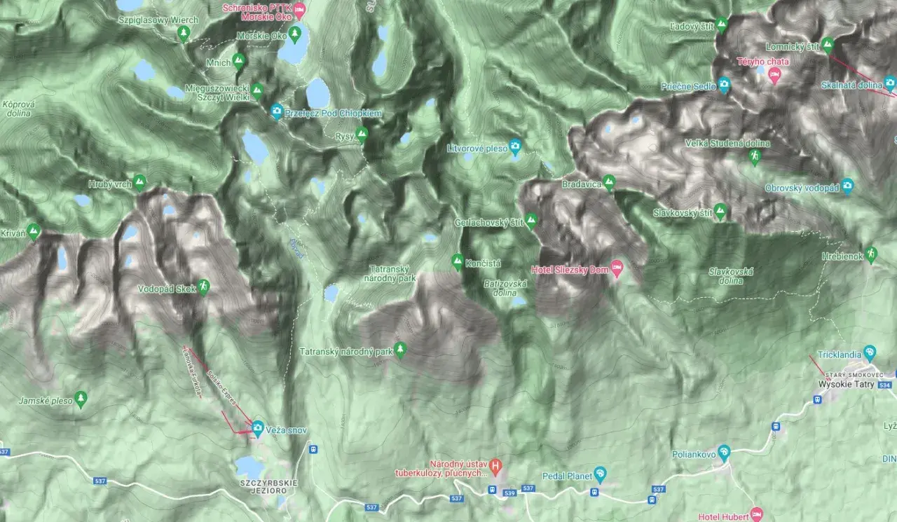 Mapa Tatr z zaznaczonymi szczytami, dolinami i schroniskami. Widoczna trasa na Gerlach.