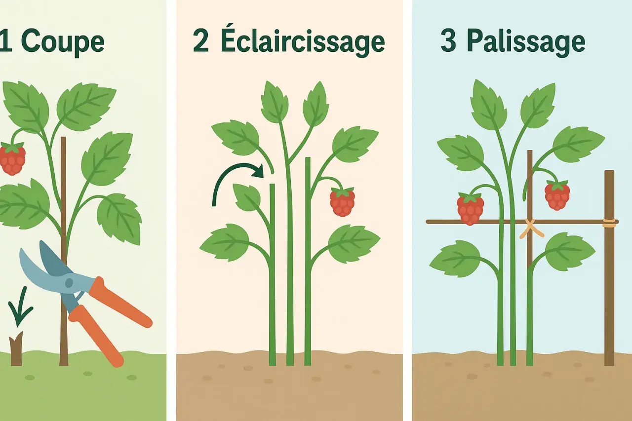 Étapes de taille framboisier : coupe, éclaircissage et palissage pour une meilleure récolte.