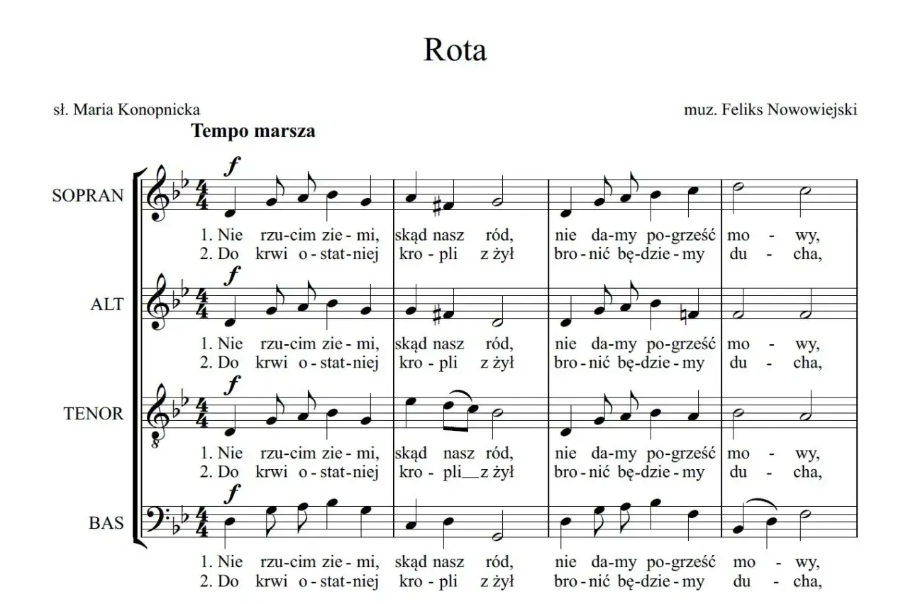 Partytura "Roty" z tekstem Marii Konopnickiej i muzyką Feliksa Nowowiejskiego. Partie sopranu, altu, tenoru i basu. Niższy od sopranu jest alt.