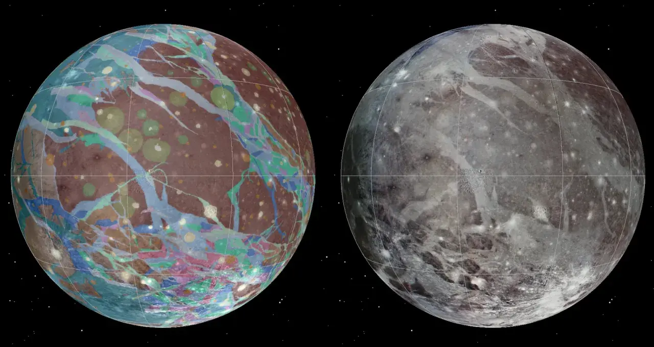 Ganymede, największy księżyc Jowisza, ukazany w dwóch wersjach: z kolorową mapą geologiczną i w naturalnych barwach.