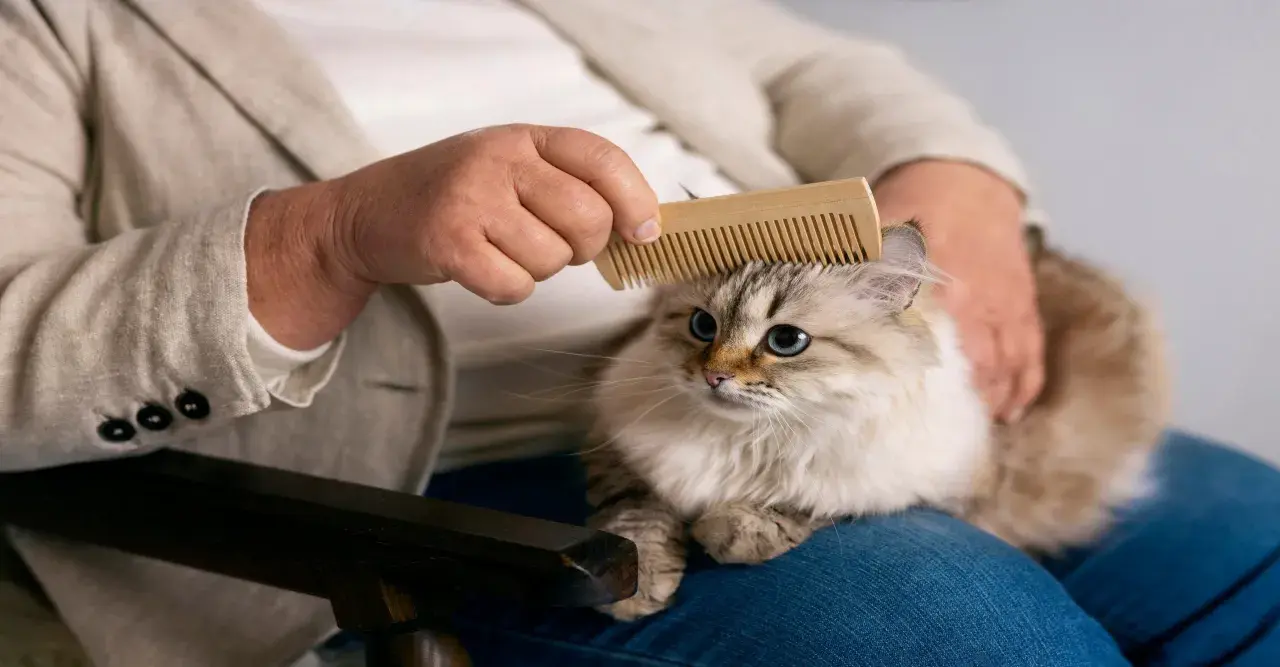 Persona peina a su gato con un cepillo de madera, una forma efectiva de como eliminar el pelo de gato del ambiente y mantener el hogar limpio.