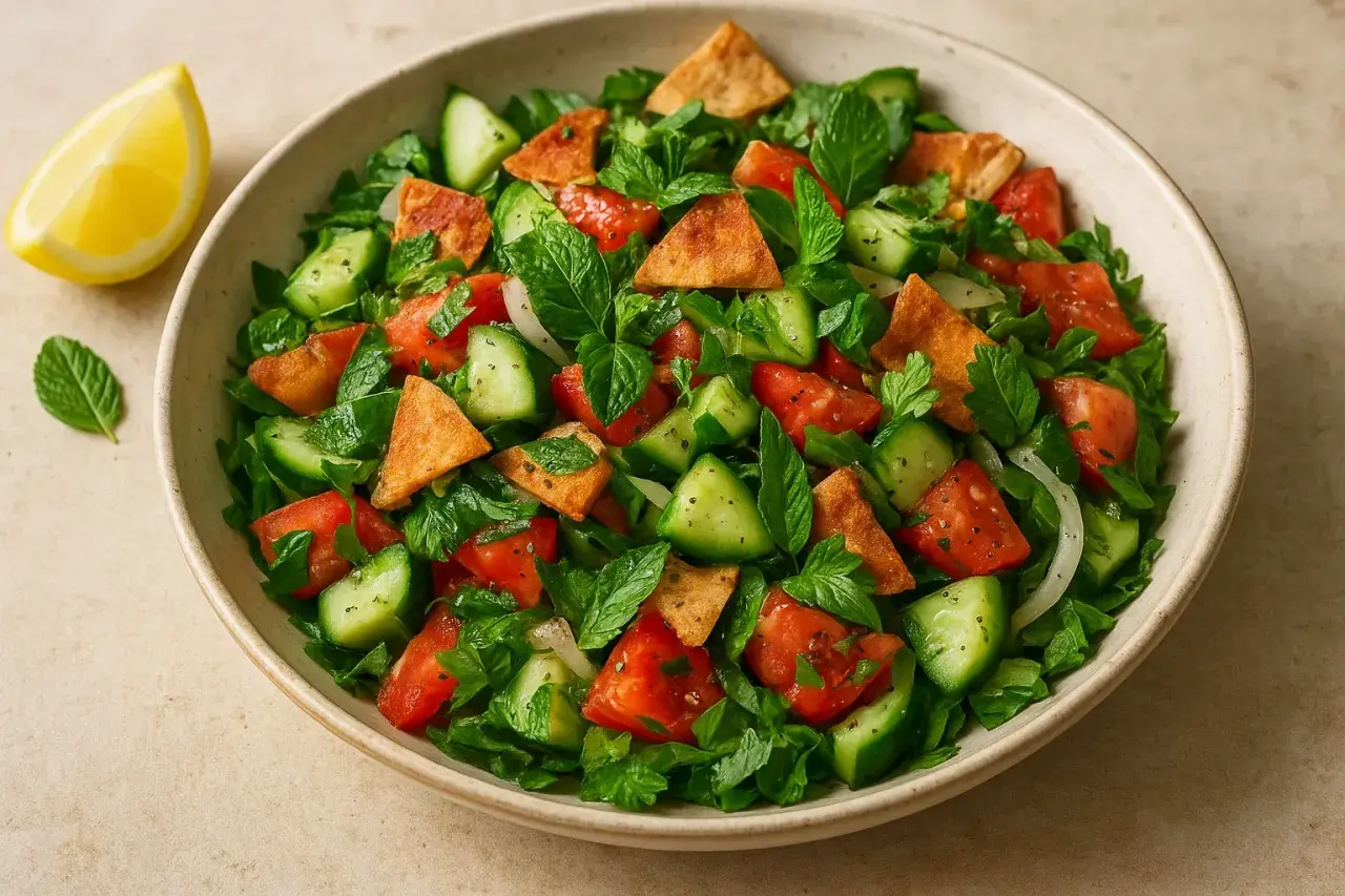 En skål med en fräsch fattoush-sallad med tomater, gurka, mynta, persilja och krispiga pitabröd. En citronklyfta ligger bredvid.