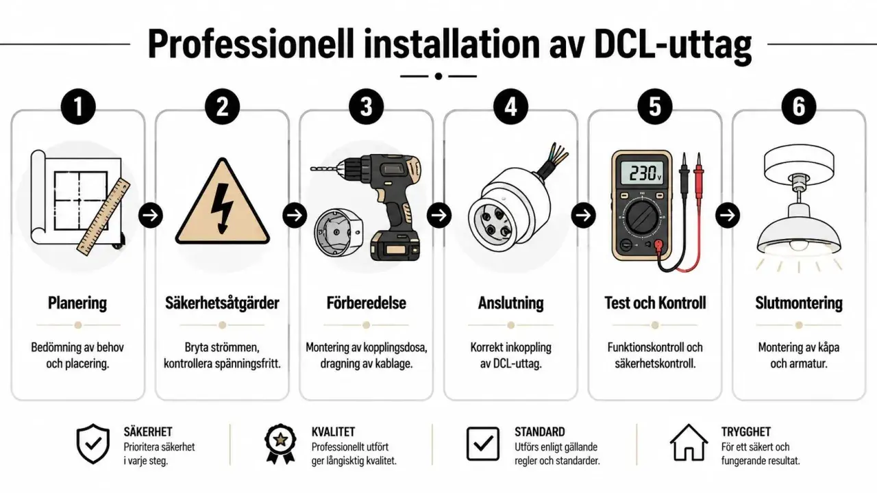 Steg-för-steg-guide för professionell installation av DCL-uttag, från planering till slutmontering av en ojordad lampa i jordat uttag.