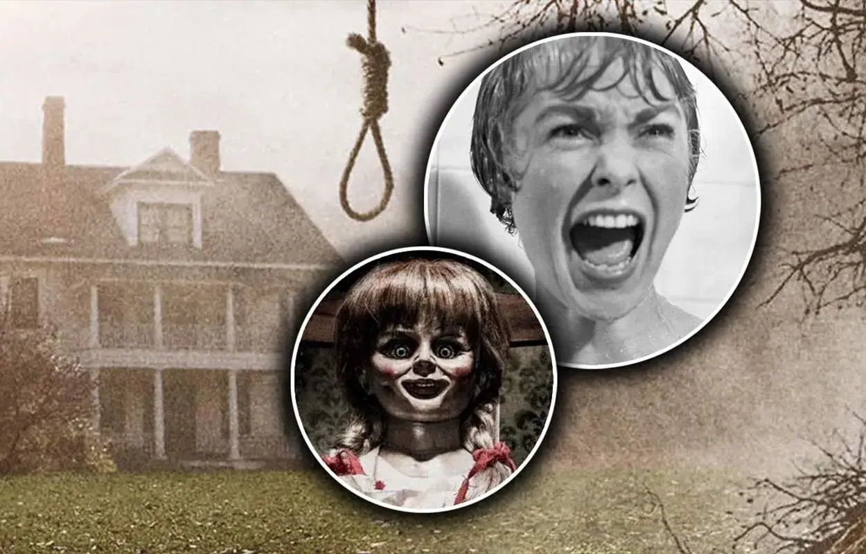Skräckikonerna Annabelle och Janet Leigh från Psycho möts i en montage som hintar om verklighetsbaserade filmer. En galge hänger hotfullt.