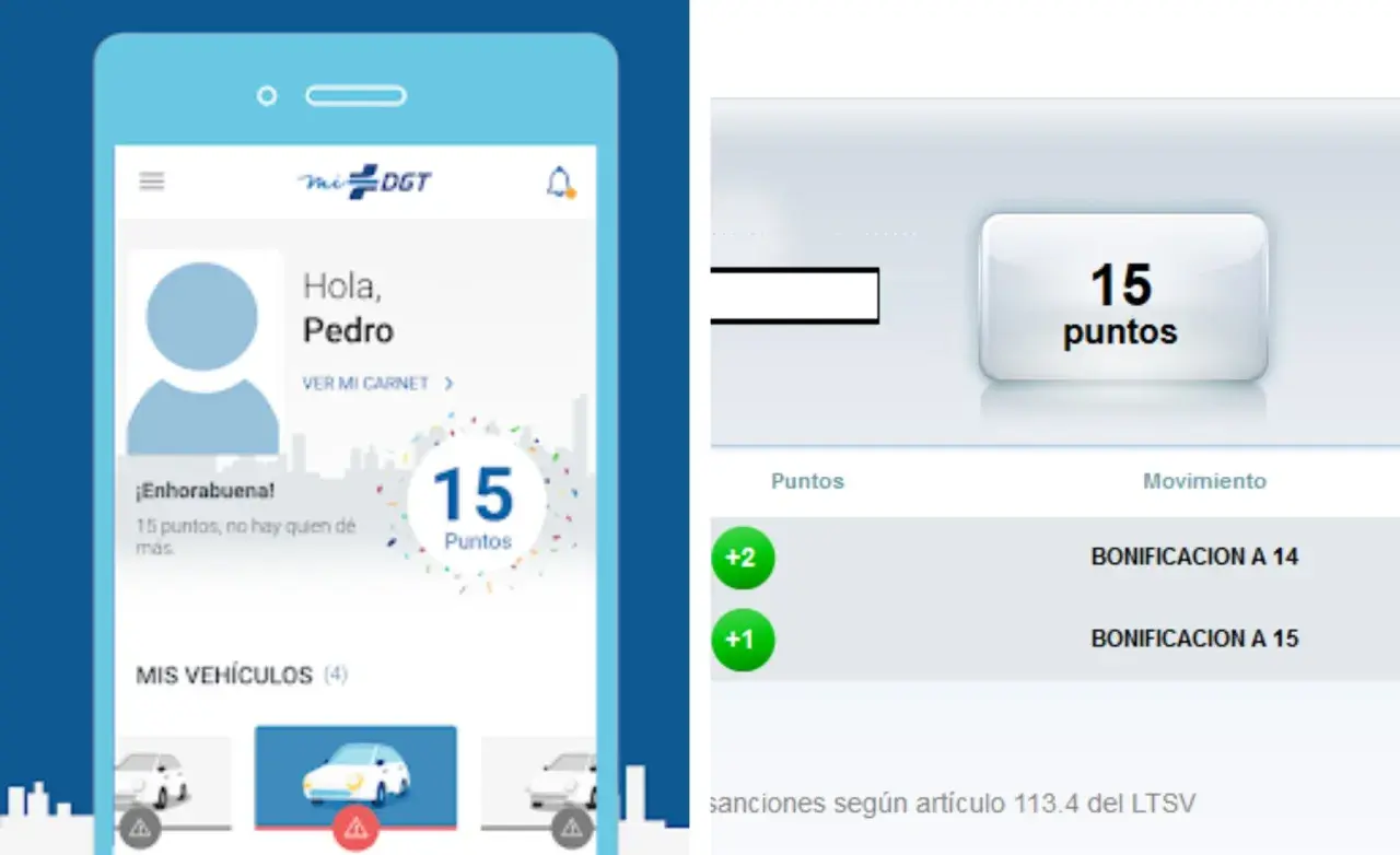 Pantalla de la app Mi DGT muestra "Hola, Pedro" y "15 puntos". A la derecha, un resumen de cómo saber los puntos que tengo, con bonificaciones.