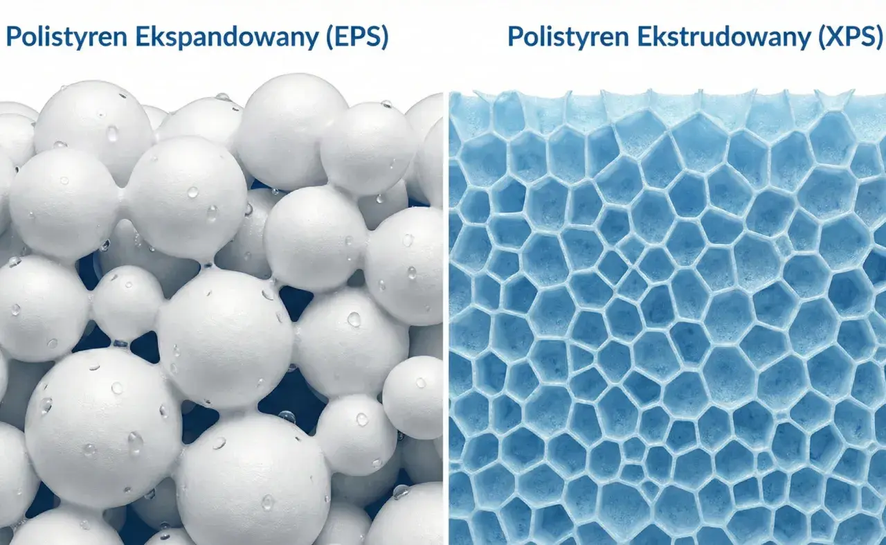 Porównanie struktur styropianu EPS (białe kulki) i XPS (niebieskie komórki).
