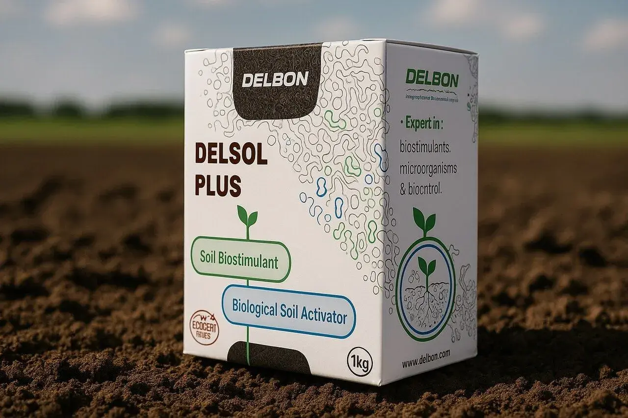 Opakowanie Delsol Plus, biostymulatora gleby z mikroorganizmami, zawiera m.in. fosforan. Idealny dla zdrowej gleby.