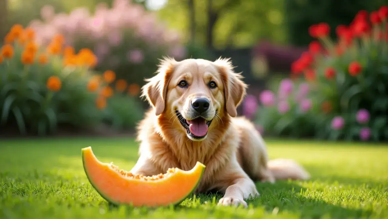 Złoty retriever leży na trawie obok kawałka melona. Czy pies może jeść melona? Ten słodki przysmak jest bezpieczny dla psów w umiarkowanych ilościach.